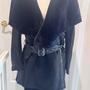 BCBG Maxazria Elegant Black Leather Belted Jacket with Faux Fur Collar